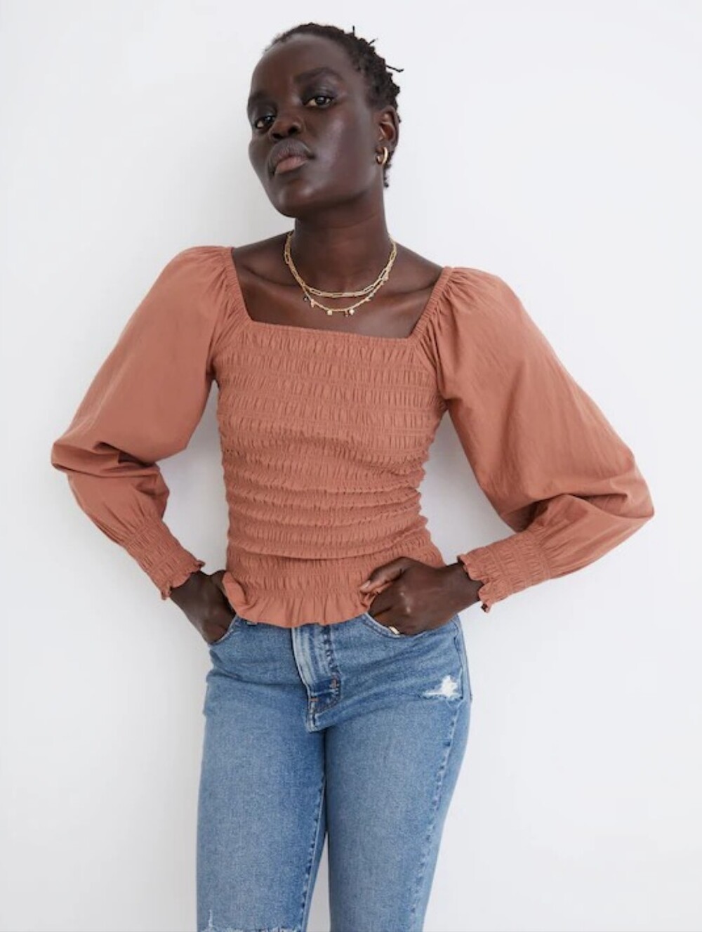 Madewell Lucie Bubble-Sleeve Smocked Top Sz S